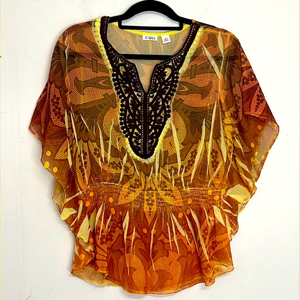 🌞 Cato boho yellow& brown butterfly blouse slit neck black lace trim women M